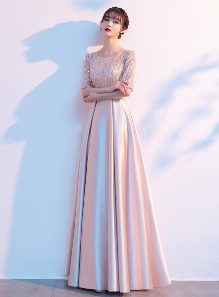 Gorgeous Banquet Evening Women Half Sleeves Blink Tassel Round Neck Costume Long Formal A Line Dresses