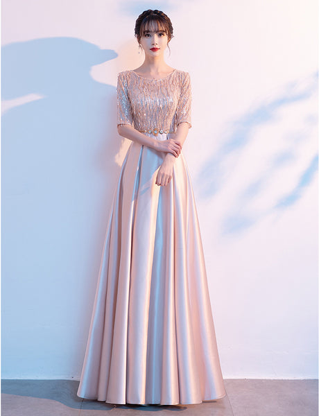 Gorgeous Banquet Evening Women Half Sleeves Blink Tassel Round Neck Costume Long Formal A Line Dresses