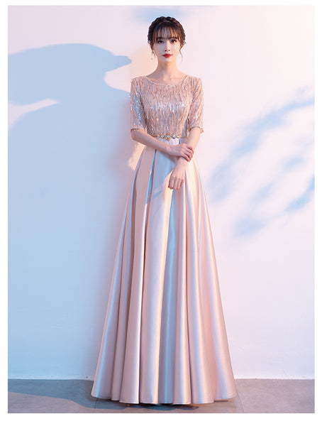 Gorgeous Banquet Evening Women Half Sleeves Blink Tassel Round Neck Costume Long Formal A Line Dresses