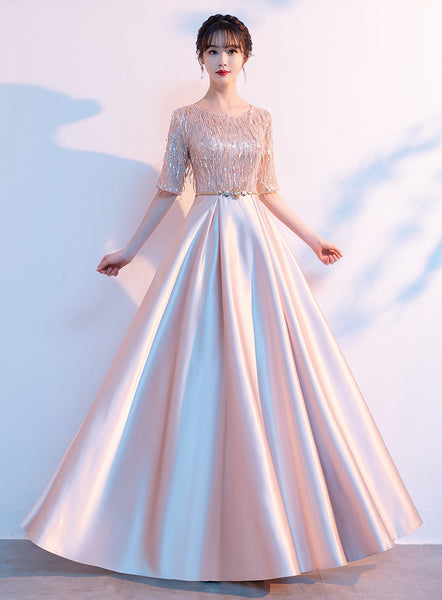 Gorgeous Banquet Evening Women Half Sleeves Blink Tassel Round Neck Costume Long Formal A Line Dresses