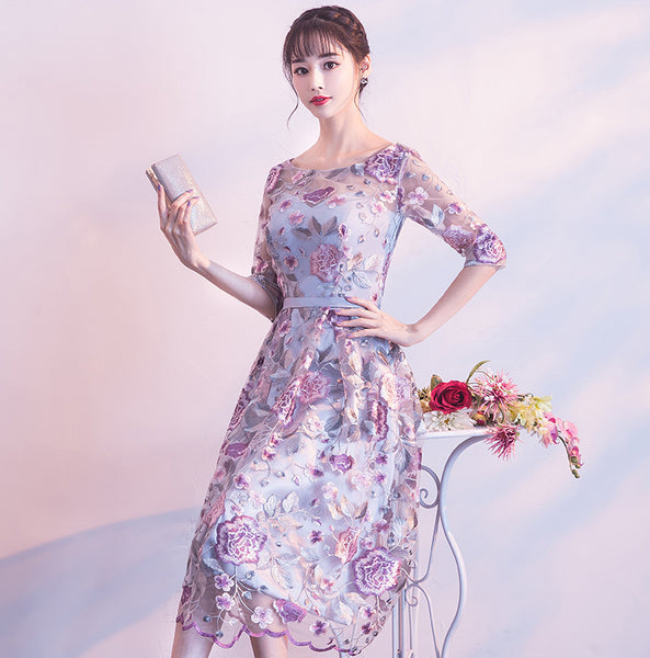 Elegant Summer Women Rose Flower Floral Printed Embroidered Round Neck Bridesmaid Banquet Evening A Line Dress