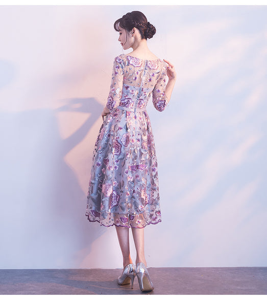 Elegant Summer Women Rose Flower Floral Printed Embroidered Round Neck Bridesmaid Banquet Evening A Line Dress