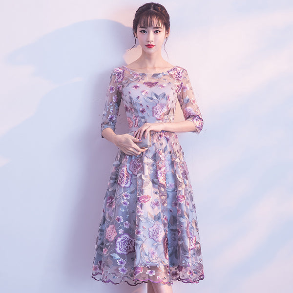Elegant Summer Women Rose Flower Floral Printed Embroidered Round Neck Bridesmaid Banquet Evening A Line Dress