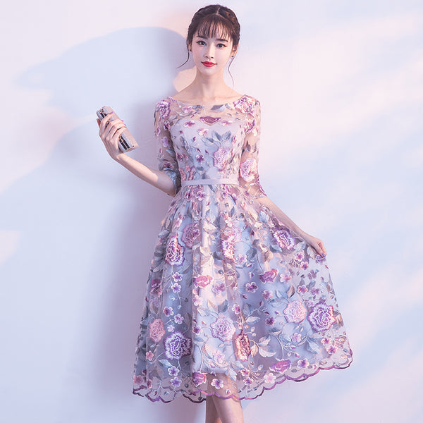 Elegant Summer Women Rose Flower Floral Printed Embroidered Round Neck Bridesmaid Banquet Evening A Line Dress