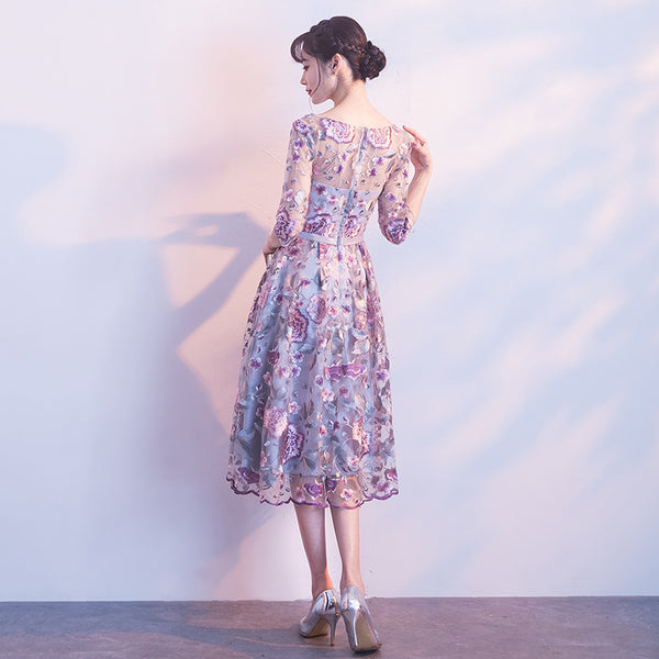 Elegant Summer Women Rose Flower Floral Printed Embroidered Round Neck Bridesmaid Banquet Evening A Line Dress