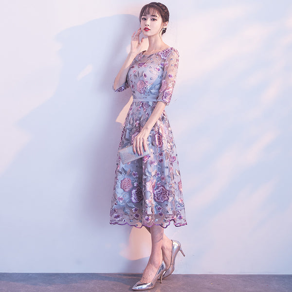 Elegant Summer Women Rose Flower Floral Printed Embroidered Round Neck Bridesmaid Banquet Evening A Line Dress