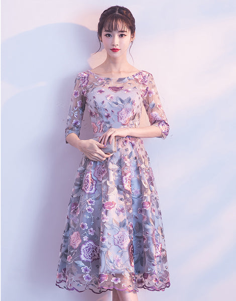 Elegant Summer Women Rose Flower Floral Printed Embroidered Round Neck Bridesmaid Banquet Evening A Line Dress