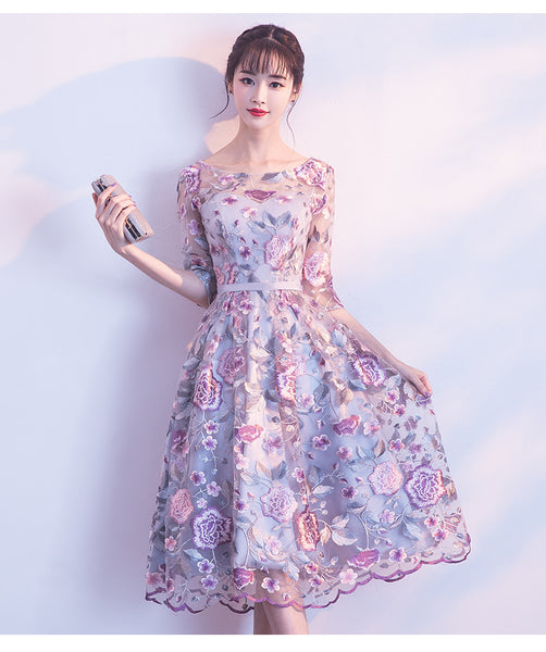 Elegant Summer Women Rose Flower Floral Printed Embroidered Round Neck Bridesmaid Banquet Evening A Line Dress