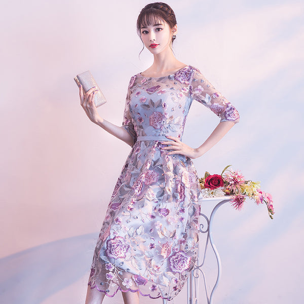 Elegant Summer Women Rose Flower Floral Printed Embroidered Round Neck Bridesmaid Banquet Evening A Line Dress
