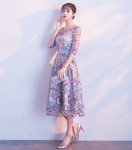 Elegant Summer Women Rose Flower Floral Printed Embroidered Round Neck Bridesmaid Banquet Evening A Line Dress