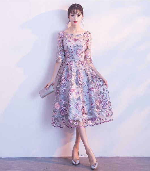 Elegant Summer Women Rose Flower Floral Printed Embroidered Round Neck Bridesmaid Banquet Evening A Line Dress