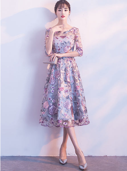 Elegant Summer Women Rose Flower Floral Printed Embroidered Round Neck Bridesmaid Banquet Evening A Line Dress