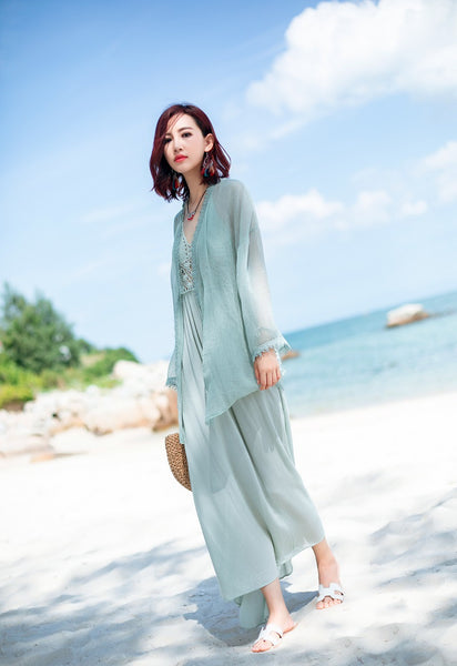 Fashionable Summer Beach Walk Women Hollow Embroidery Lace Bohemian Sleeveless Backless Cardigan Dress