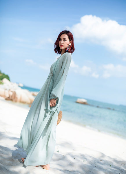 Fashionable Summer Beach Walk Women Hollow Embroidery Lace Bohemian Sleeveless Backless Cardigan Dress