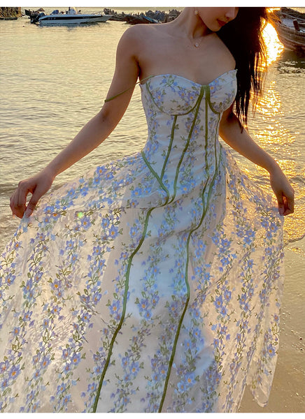 Summer Temperament Women Trendy Design Lace Embroidered Floral Spaghetti Strap A-Line Bottoming Long Dress