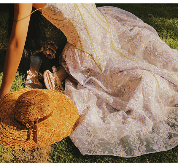 Summer Temperament Women Trendy Design Lace Embroidered Floral Spaghetti Strap A-Line Bottoming Long Dress