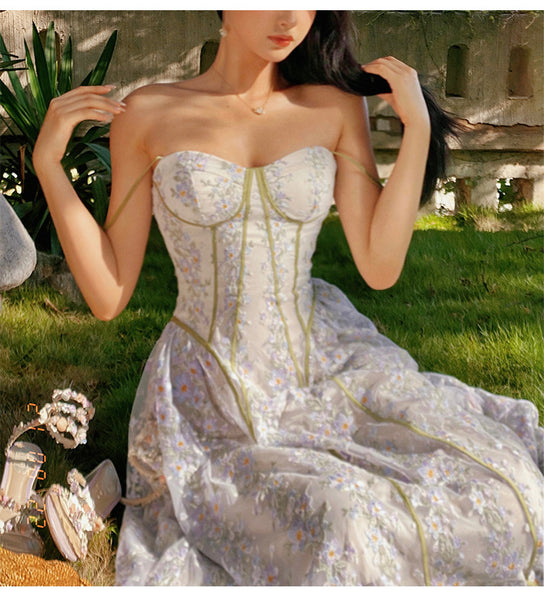 Summer Temperament Women Trendy Design Lace Embroidered Floral Spaghetti Strap A-Line Bottoming Long Dress