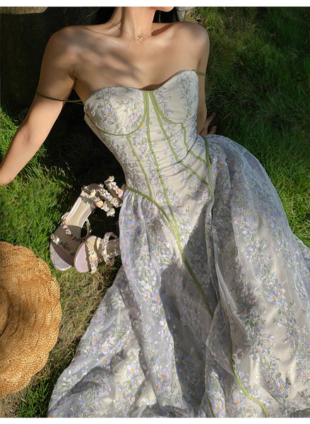 Summer Temperament Women Trendy Design Lace Embroidered Floral Spaghetti Strap A-Line Bottoming Long Dress