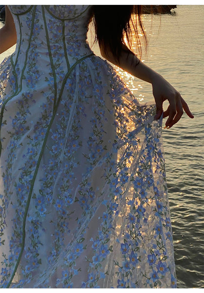 Summer Temperament Women Trendy Design Lace Embroidered Floral Spaghetti Strap A-Line Bottoming Long Dress