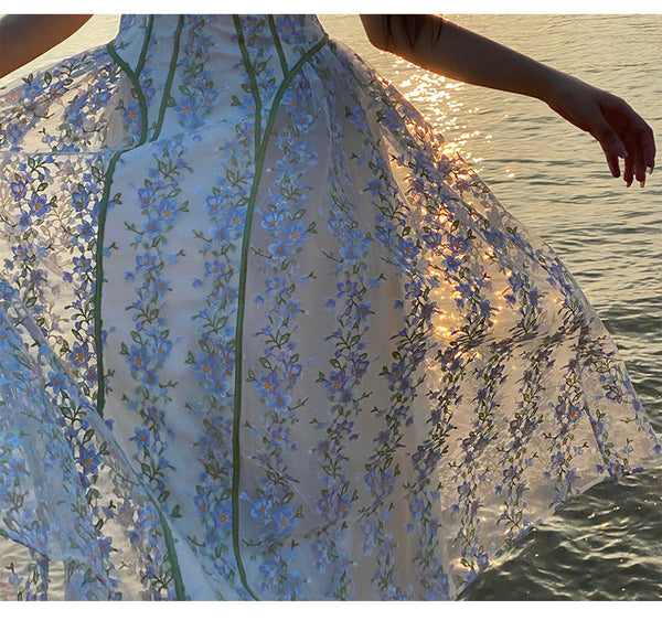 Summer Temperament Women Trendy Design Lace Embroidered Floral Spaghetti Strap A-Line Bottoming Long Dress