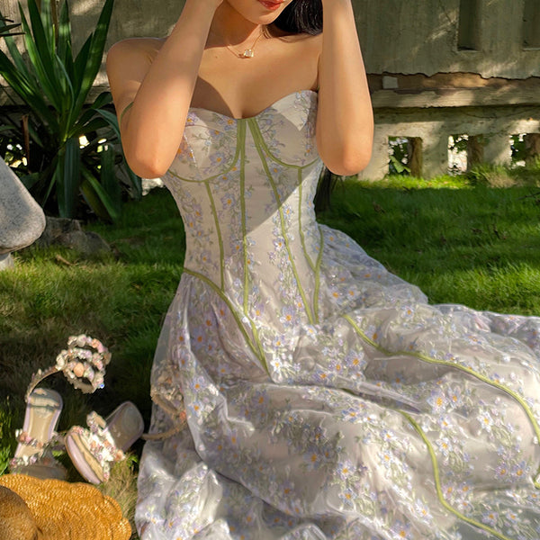 Summer Temperament Women Trendy Design Lace Embroidered Floral Spaghetti Strap A-Line Bottoming Long Dress