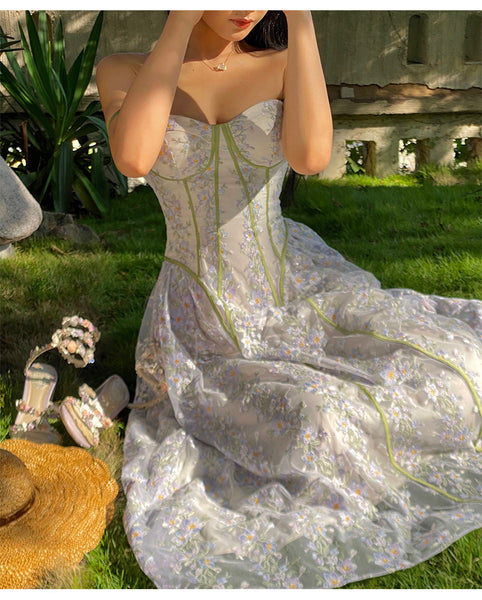 Summer Temperament Women Trendy Design Lace Embroidered Floral Spaghetti Strap A-Line Bottoming Long Dress