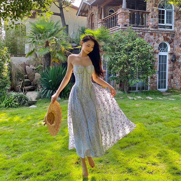 Summer Temperament Women Trendy Design Lace Embroidered Floral Spaghetti Strap A-Line Bottoming Long Dress