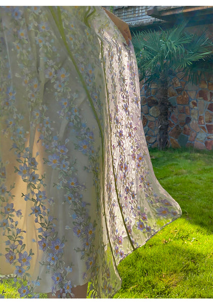 Summer Temperament Women Trendy Design Lace Embroidered Floral Spaghetti Strap A-Line Bottoming Long Dress