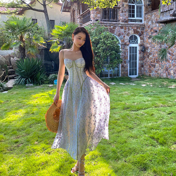 Summer Temperament Women Trendy Design Lace Embroidered Floral Spaghetti Strap A-Line Bottoming Long Dress