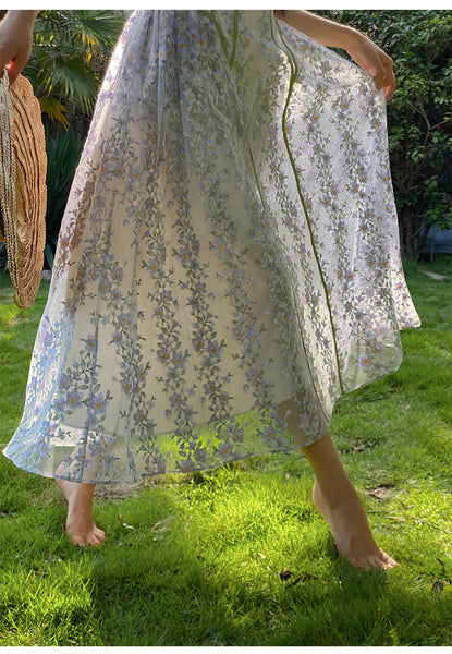 Summer Temperament Women Trendy Design Lace Embroidered Floral Spaghetti Strap A-Line Bottoming Long Dress