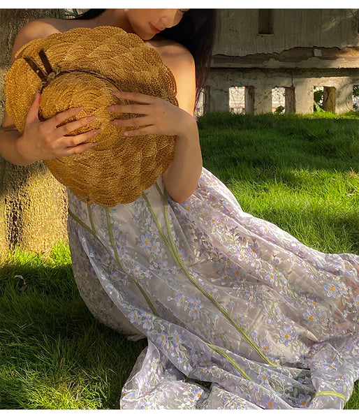 Summer Temperament Women Trendy Design Lace Embroidered Floral Spaghetti Strap A-Line Bottoming Long Dress