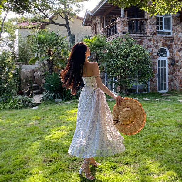 Summer Temperament Women Trendy Design Lace Embroidered Floral Spaghetti Strap A-Line Bottoming Long Dress