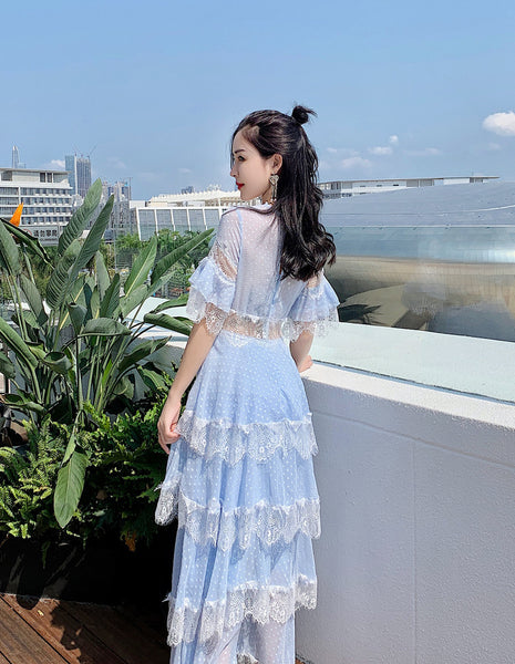 Summer Fairy Women Beach Seaside Vacation Ruffle Lace Patchwork Deep V Neck Short Sleeve Long Cake Dress