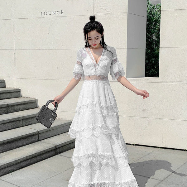 Summer Fairy Women Beach Seaside Vacation Ruffle Lace Patchwork Deep V Neck Short Sleeve Long Cake Dress