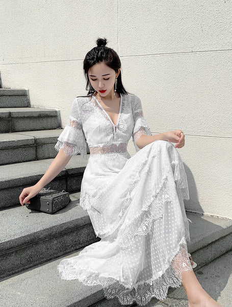 Summer Fairy Women Beach Seaside Vacation Ruffle Lace Patchwork Deep V Neck Short Sleeve Long Cake Dress