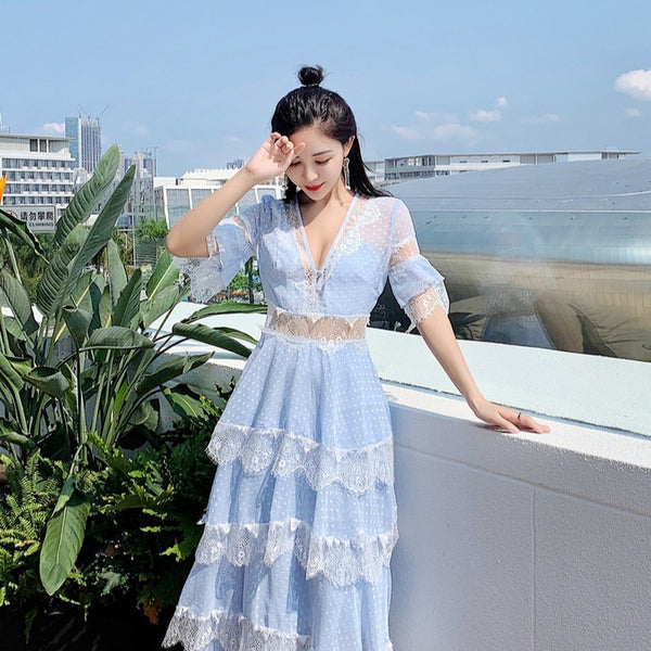 Summer Fairy Women Beach Seaside Vacation Ruffle Lace Patchwork Deep V Neck Short Sleeve Long Cake Dress