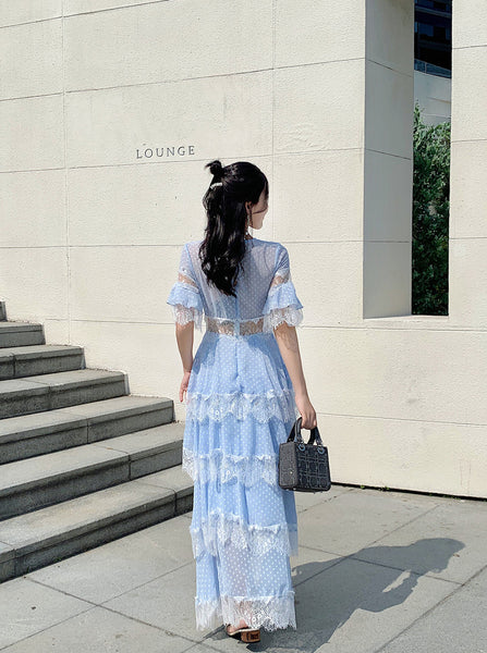 Summer Fairy Women Beach Seaside Vacation Ruffle Lace Patchwork Deep V Neck Short Sleeve Long Cake Dress