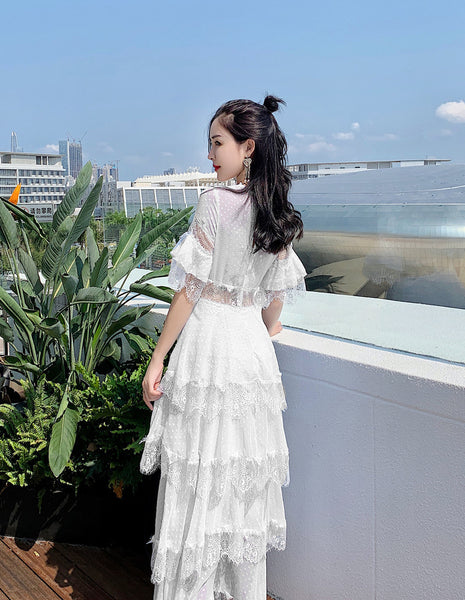 Summer Fairy Women Beach Seaside Vacation Ruffle Lace Patchwork Deep V Neck Short Sleeve Long Cake Dress