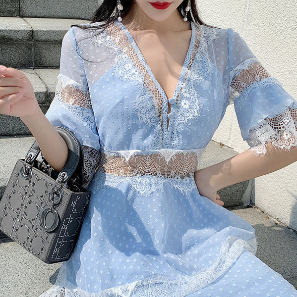 Summer Fairy Women Beach Seaside Vacation Ruffle Lace Patchwork Deep V Neck Short Sleeve Long Cake Dress