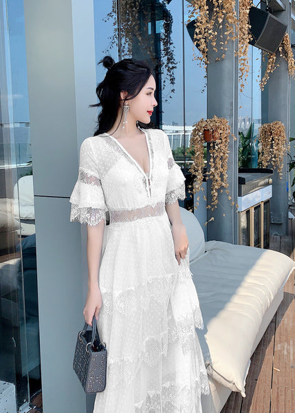 Summer Fairy Women Beach Seaside Vacation Ruffle Lace Patchwork Deep V Neck Short Sleeve Long Cake Dress