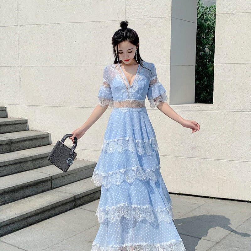 Summer Fairy Women Beach Seaside Vacation Ruffle Lace Patchwork Deep V Neck Short Sleeve Long Cake Dress