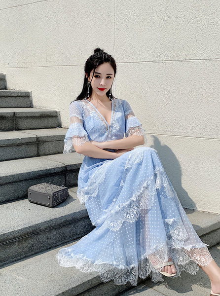 Summer Fairy Women Beach Seaside Vacation Ruffle Lace Patchwork Deep V Neck Short Sleeve Long Cake Dress