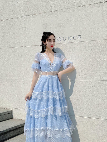 Summer Fairy Women Beach Seaside Vacation Ruffle Lace Patchwork Deep V Neck Short Sleeve Long Cake Dress