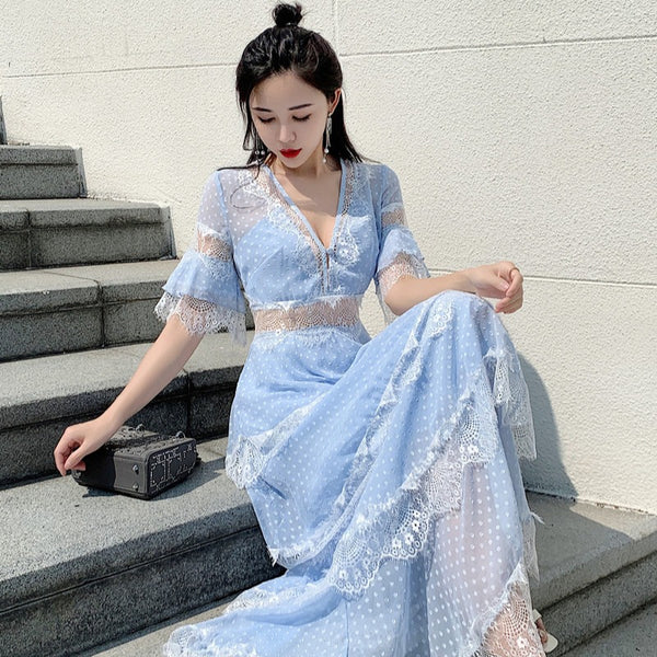 Summer Fairy Women Beach Seaside Vacation Ruffle Lace Patchwork Deep V Neck Short Sleeve Long Cake Dress