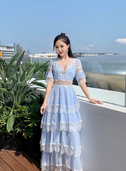 Summer Fairy Women Beach Seaside Vacation Ruffle Lace Patchwork Deep V Neck Short Sleeve Long Cake Dress