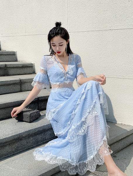 Summer Fairy Women Beach Seaside Vacation Ruffle Lace Patchwork Deep V Neck Short Sleeve Long Cake Dress