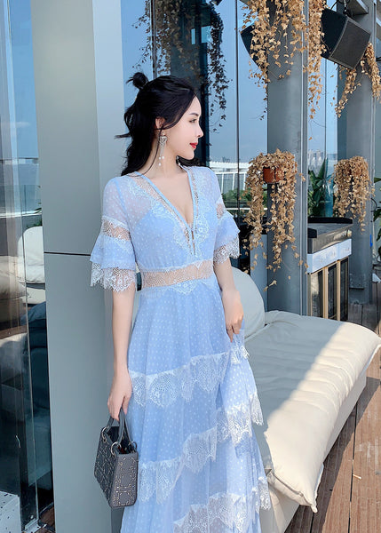 Summer Fairy Women Beach Seaside Vacation Ruffle Lace Patchwork Deep V Neck Short Sleeve Long Cake Dress