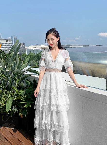 Summer Fairy Women Beach Seaside Vacation Ruffle Lace Patchwork Deep V Neck Short Sleeve Long Cake Dress