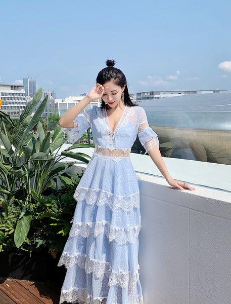 Summer Fairy Women Beach Seaside Vacation Ruffle Lace Patchwork Deep V Neck Short Sleeve Long Cake Dress