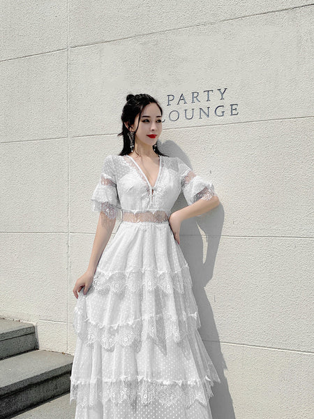 Summer Fairy Women Beach Seaside Vacation Ruffle Lace Patchwork Deep V Neck Short Sleeve Long Cake Dress